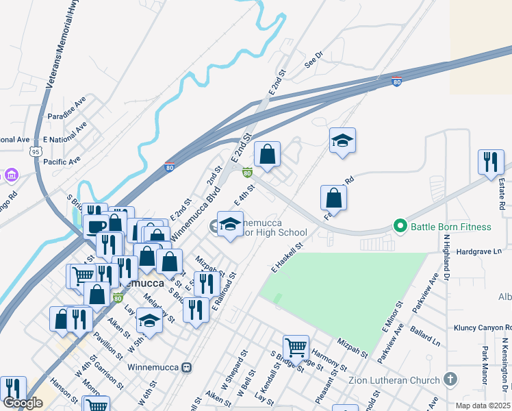 map of restaurants, bars, coffee shops, grocery stores, and more near 537 East 4th Street in Winnemucca