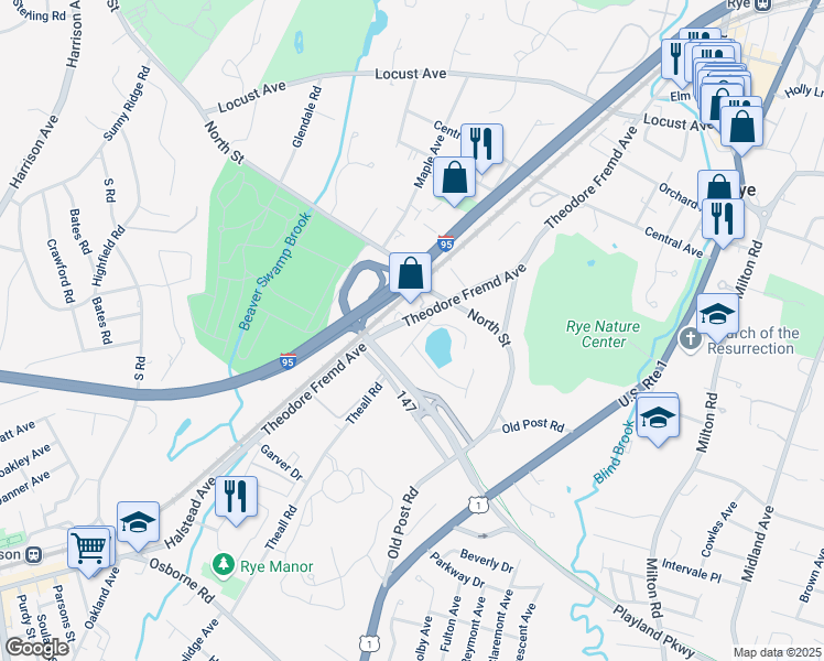 map of restaurants, bars, coffee shops, grocery stores, and more near in Rye