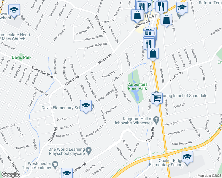 map of restaurants, bars, coffee shops, grocery stores, and more near 120 Puritan Drive in Scarsdale
