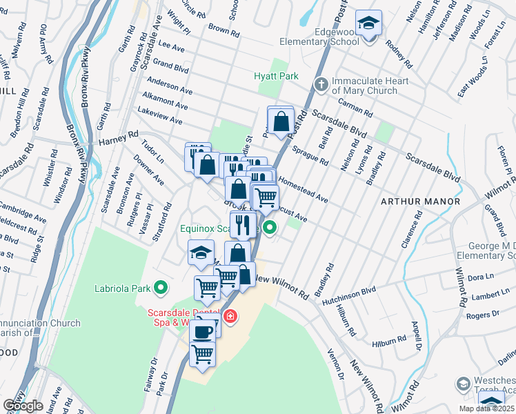 map of restaurants, bars, coffee shops, grocery stores, and more near 831 Post Road in Scarsdale
