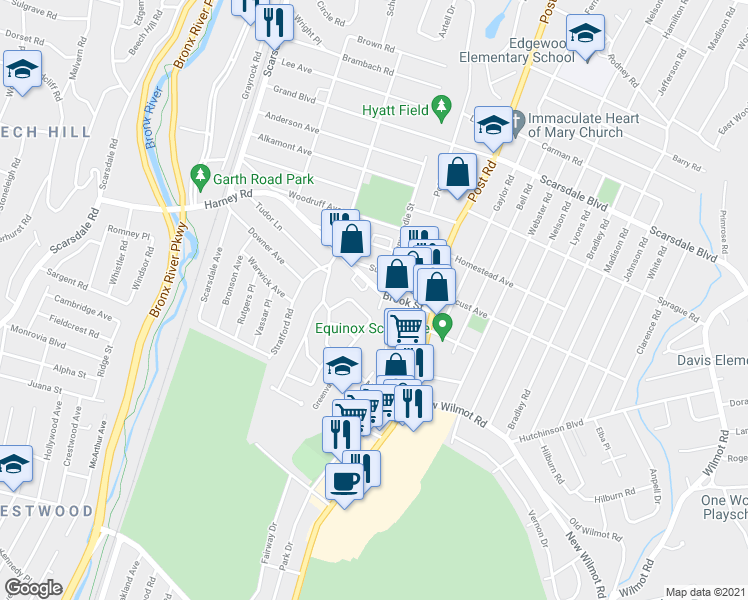 map of restaurants, bars, coffee shops, grocery stores, and more near 160 Summerfield Street in Scarsdale
