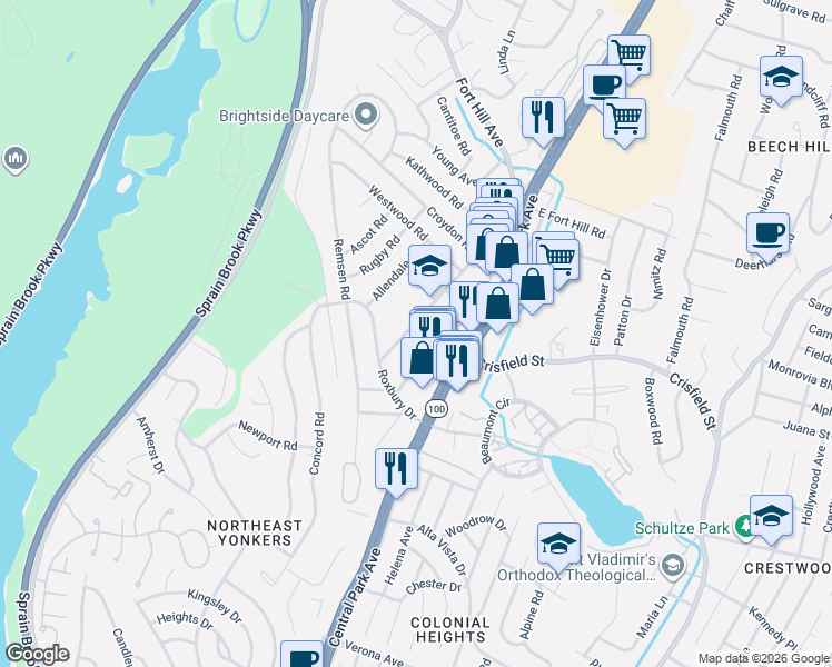 map of restaurants, bars, coffee shops, grocery stores, and more near 43 Croydon Road in Yonkers