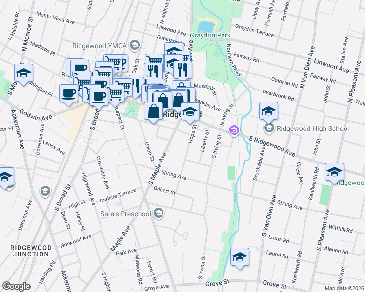 map of restaurants, bars, coffee shops, grocery stores, and more near 71 South Maple Avenue in Ridgewood