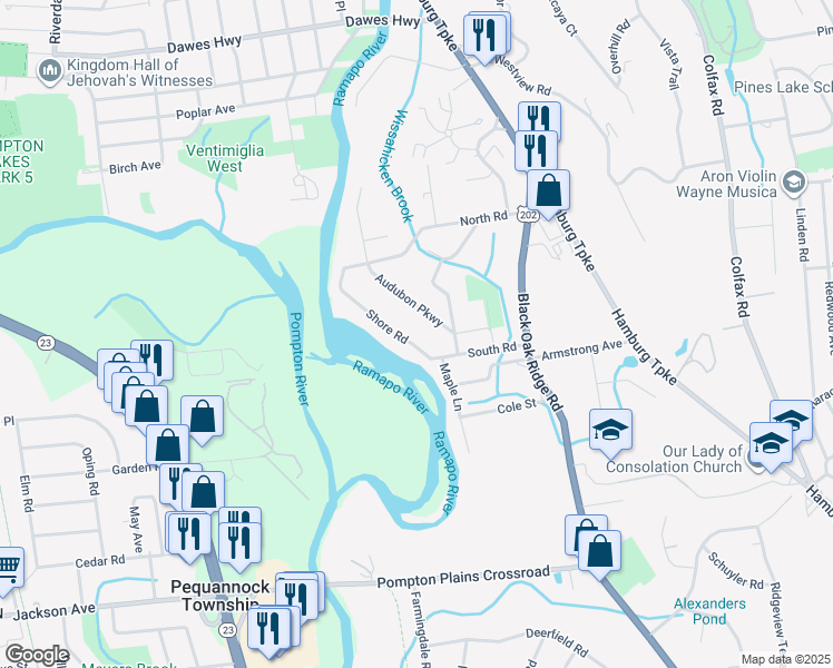 map of restaurants, bars, coffee shops, grocery stores, and more near 29 Audubon Parkway in Wayne