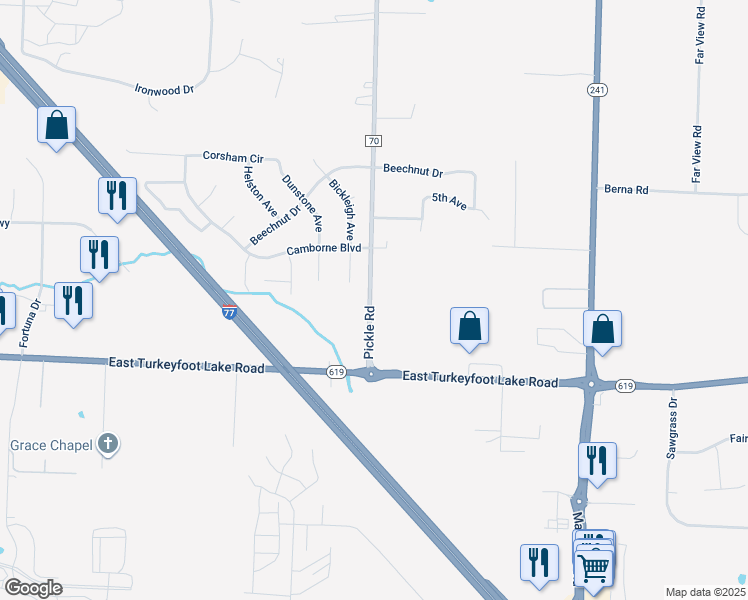 map of restaurants, bars, coffee shops, grocery stores, and more near 3203 Pickle Road in Akron
