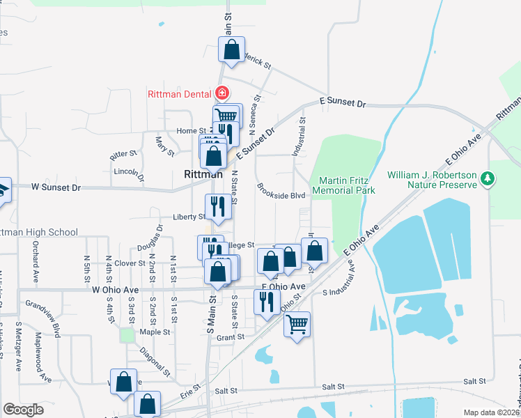 map of restaurants, bars, coffee shops, grocery stores, and more near 79 North Seneca Street in Rittman