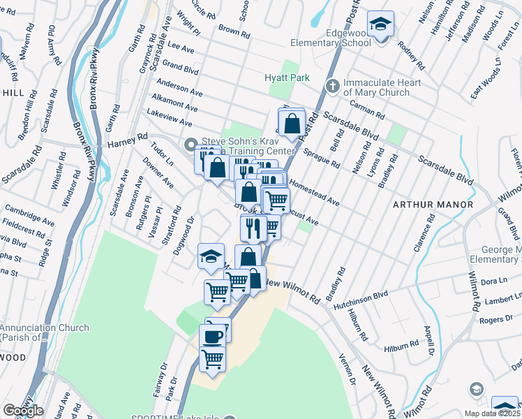 map of restaurants, bars, coffee shops, grocery stores, and more near 193 Brook Street in Scarsdale