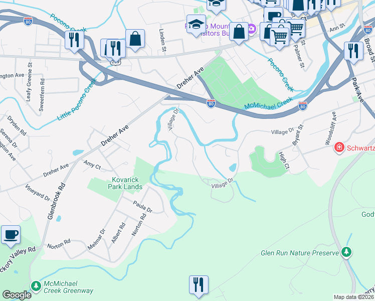 map of restaurants, bars, coffee shops, grocery stores, and more near 1107 Village Drive in Stroudsburg