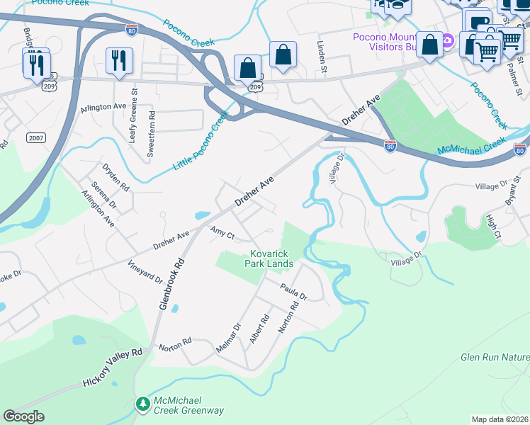 map of restaurants, bars, coffee shops, grocery stores, and more near 90 Kautz Street in Stroudsburg