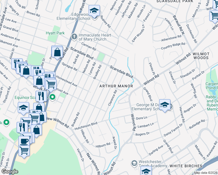 map of restaurants, bars, coffee shops, grocery stores, and more near 85 Sprague Road in Scarsdale