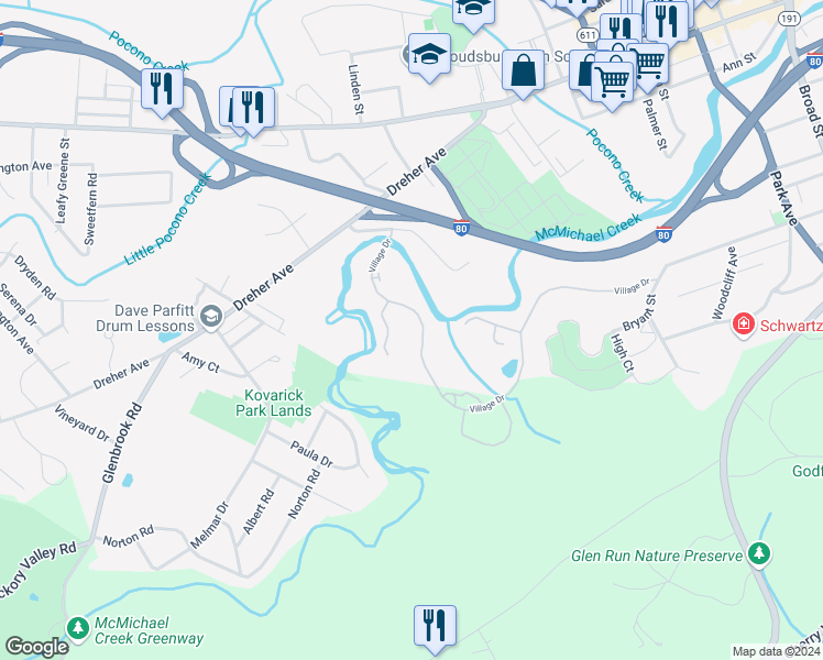map of restaurants, bars, coffee shops, grocery stores, and more near in Stroudsburg