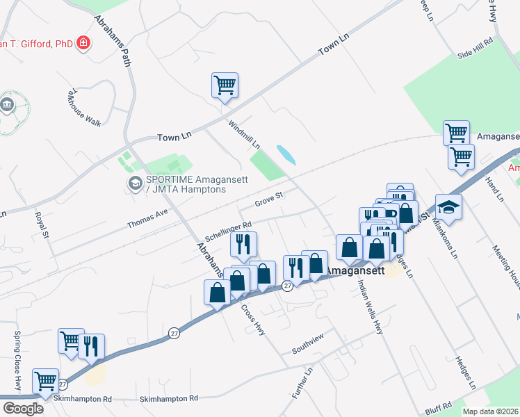map of restaurants, bars, coffee shops, grocery stores, and more near 46 Grove Street in Amagansett