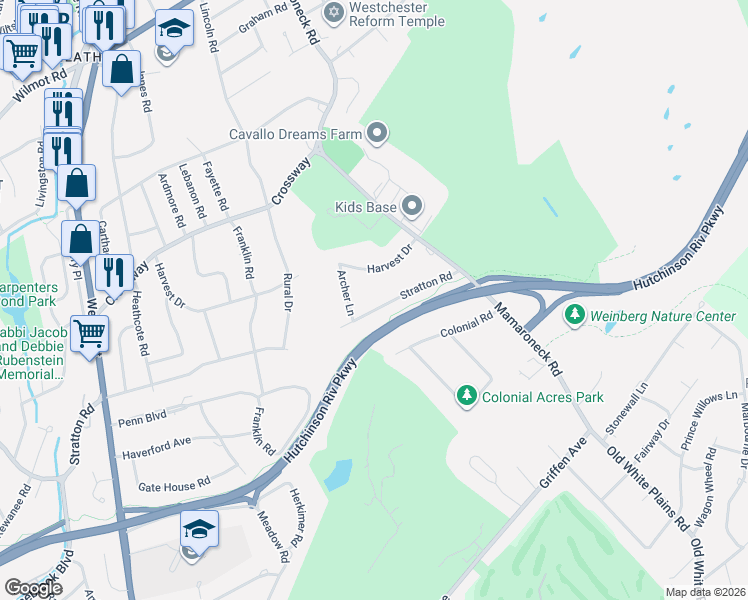 map of restaurants, bars, coffee shops, grocery stores, and more near 3 Archer Lane in Scarsdale