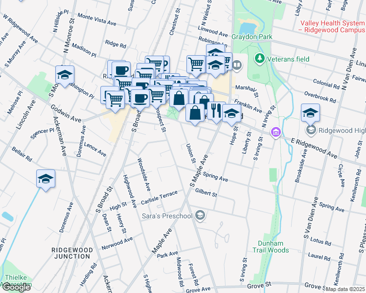 map of restaurants, bars, coffee shops, grocery stores, and more near 158 Union Street in Ridgewood
