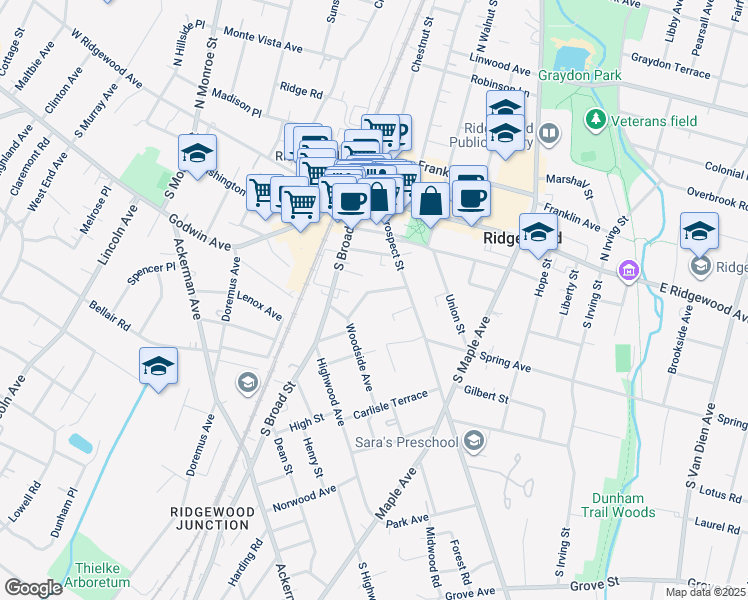 map of restaurants, bars, coffee shops, grocery stores, and more near 128 Woodside Avenue in Ridgewood
