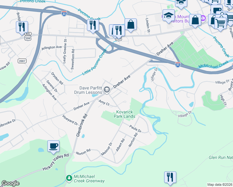 map of restaurants, bars, coffee shops, grocery stores, and more near 90 Kautz Street in Stroudsburg