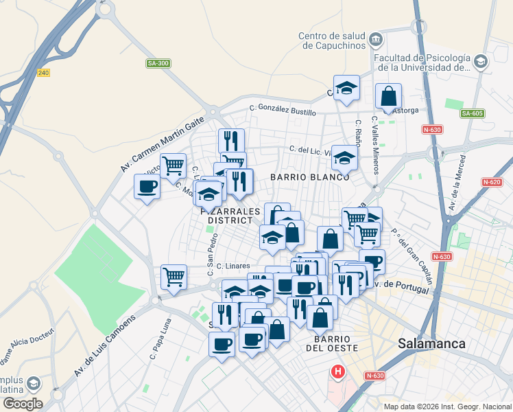 map of restaurants, bars, coffee shops, grocery stores, and more near Calle Cardenal Cisneros in Salamanca