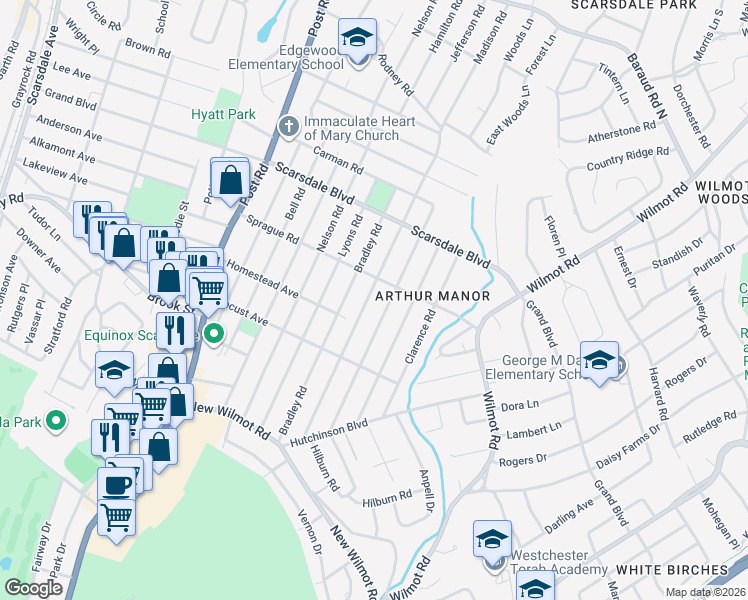 map of restaurants, bars, coffee shops, grocery stores, and more near 153 Madison Road in Scarsdale