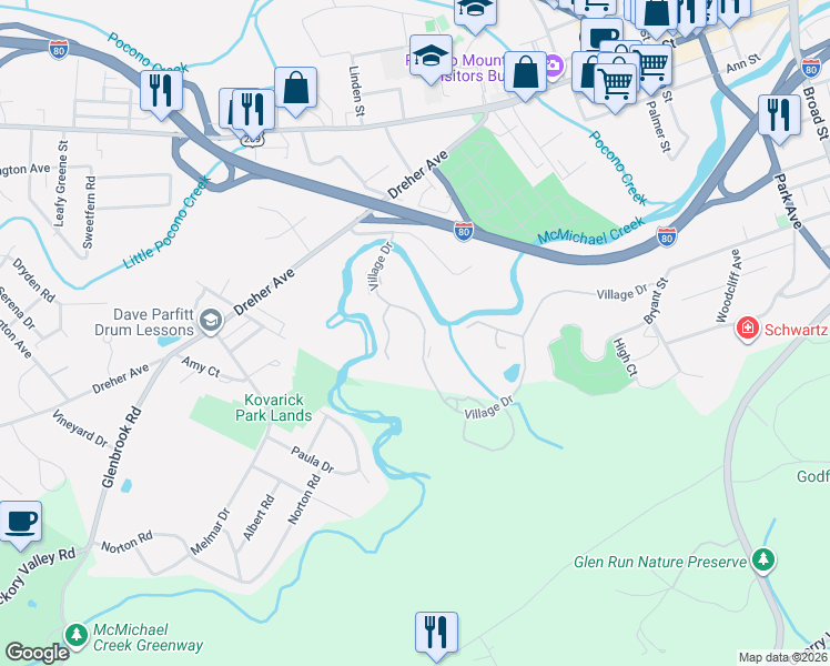 map of restaurants, bars, coffee shops, grocery stores, and more near 1107 Village Drive in Stroudsburg