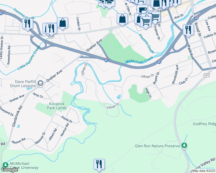 map of restaurants, bars, coffee shops, grocery stores, and more near 9 Turtle Cove in Stroudsburg