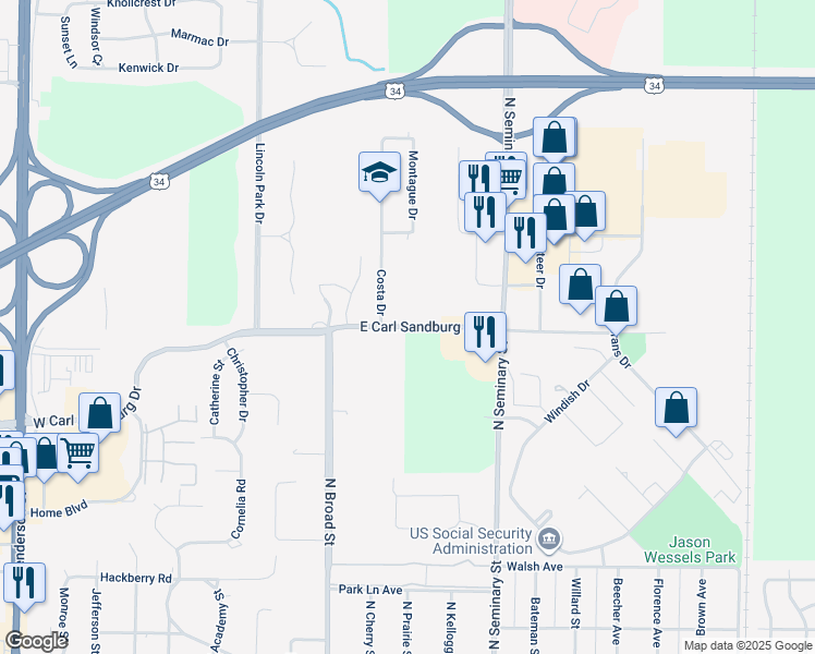 map of restaurants, bars, coffee shops, grocery stores, and more near 157 East Carl Sandburg Drive in Galesburg