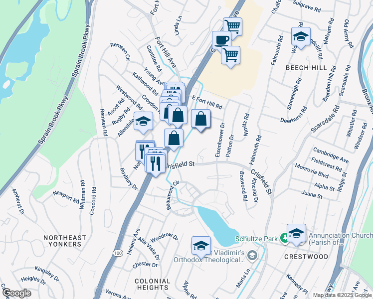 map of restaurants, bars, coffee shops, grocery stores, and more near 2350 Central Park Avenue in Yonkers