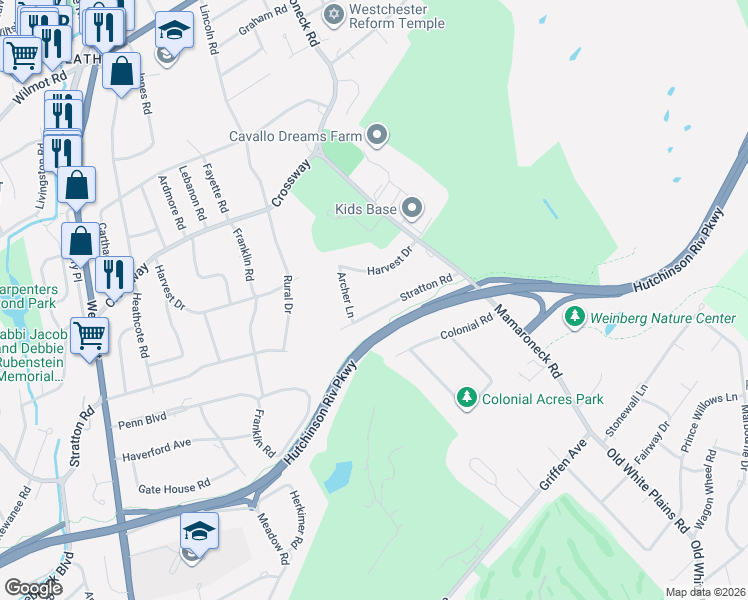 map of restaurants, bars, coffee shops, grocery stores, and more near 3 Archer Lane in Scarsdale