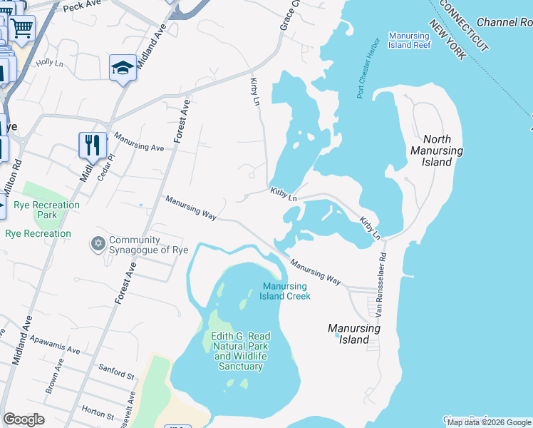 map of restaurants, bars, coffee shops, grocery stores, and more near 164 Kirby Lane in Rye