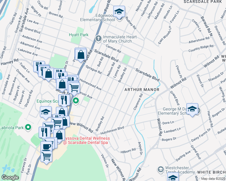 map of restaurants, bars, coffee shops, grocery stores, and more near 147 Bradley Road in Scarsdale