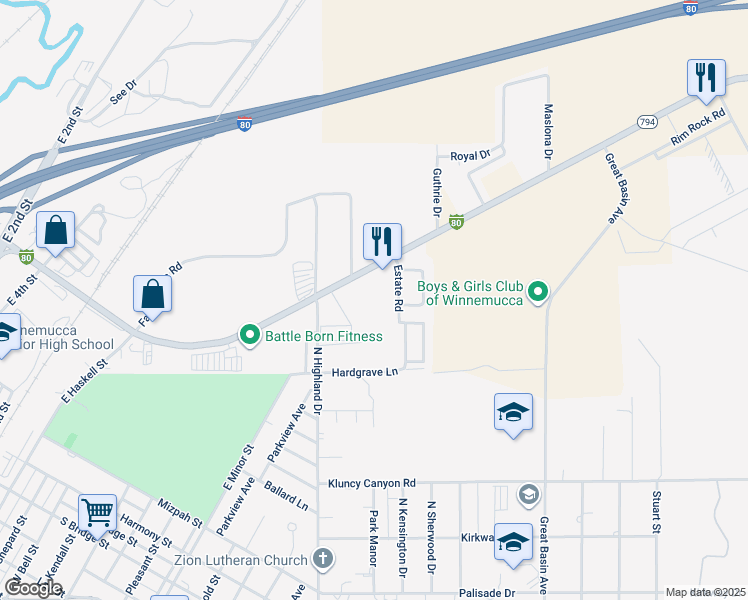 map of restaurants, bars, coffee shops, grocery stores, and more near 5100 East Winnemucca Boulevard in Winnemucca