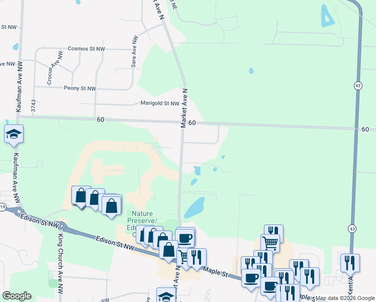 map of restaurants, bars, coffee shops, grocery stores, and more near 13100 62 in Hartville