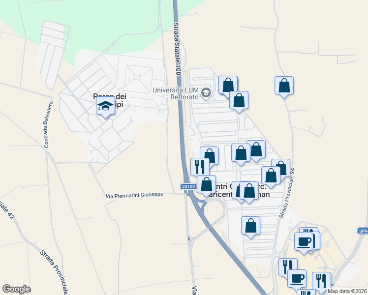 map of restaurants, bars, coffee shops, grocery stores, and more near 18 Strada Statale 100 in Centri Commerc. Baricentro-Auchan