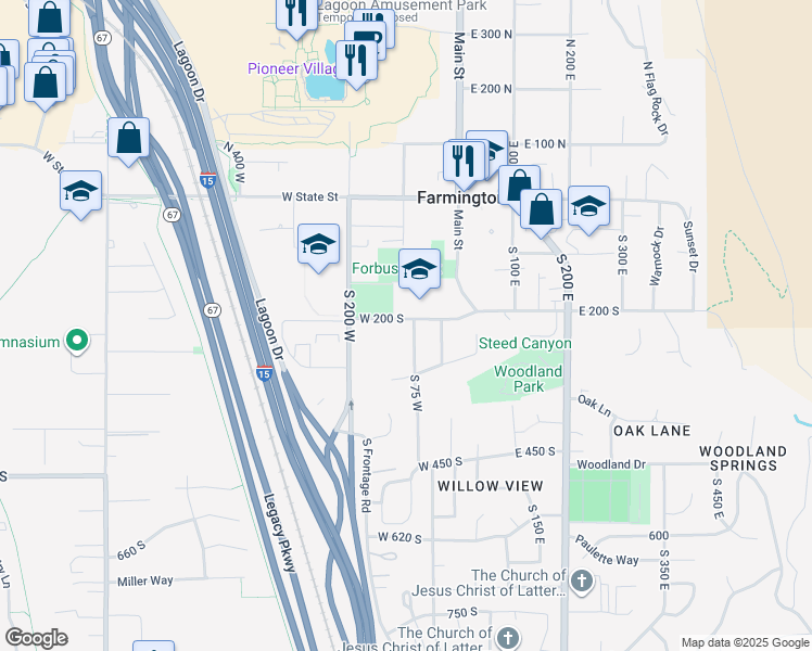 map of restaurants, bars, coffee shops, grocery stores, and more near 216 South 75 West in Farmington