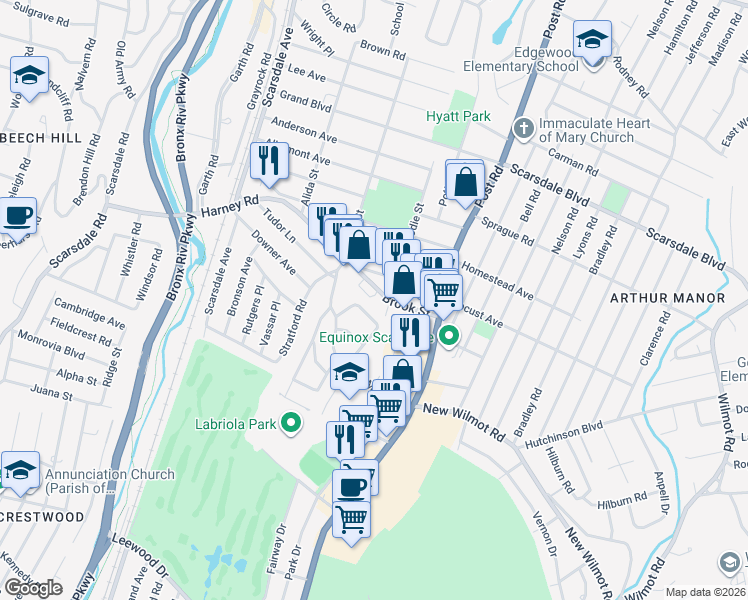 map of restaurants, bars, coffee shops, grocery stores, and more near 150 Brook Street in Scarsdale