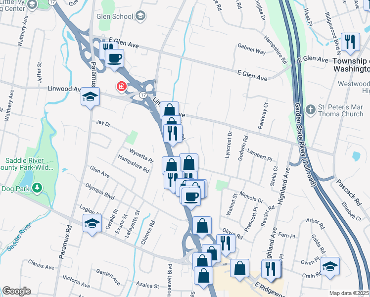 map of restaurants, bars, coffee shops, grocery stores, and more near 830 Alden Road in Paramus