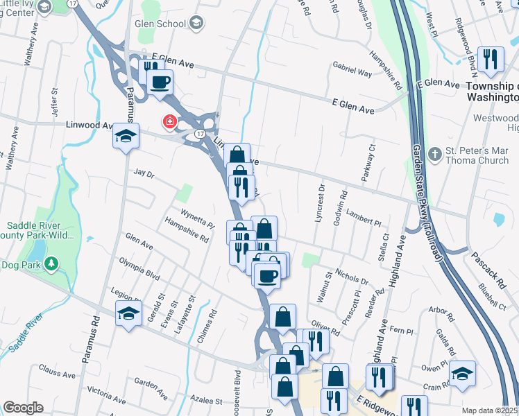 map of restaurants, bars, coffee shops, grocery stores, and more near 830 Alden Road in Paramus
