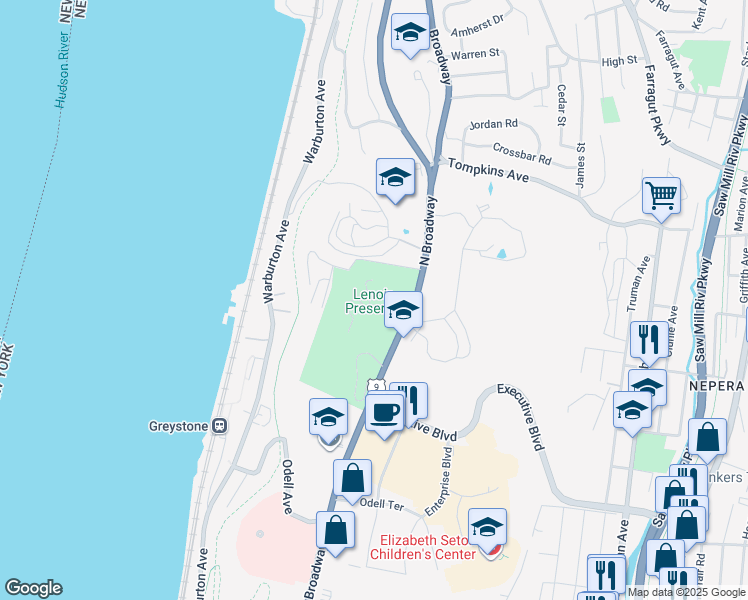 map of restaurants, bars, coffee shops, grocery stores, and more near 19 Dudley Street in Yonkers
