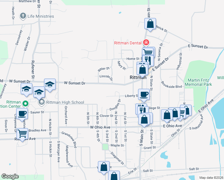 map of restaurants, bars, coffee shops, grocery stores, and more near 118 Liberty St in Rittman