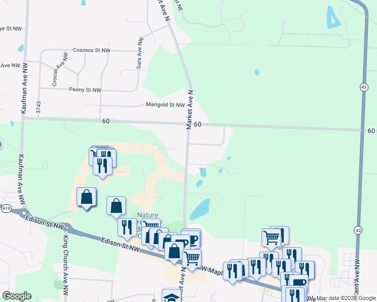 map of restaurants, bars, coffee shops, grocery stores, and more near 13100 62 in Hartville