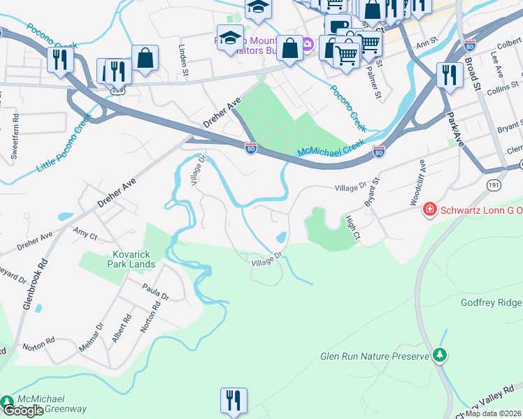 map of restaurants, bars, coffee shops, grocery stores, and more near 7 Turtle Cove in Stroudsburg