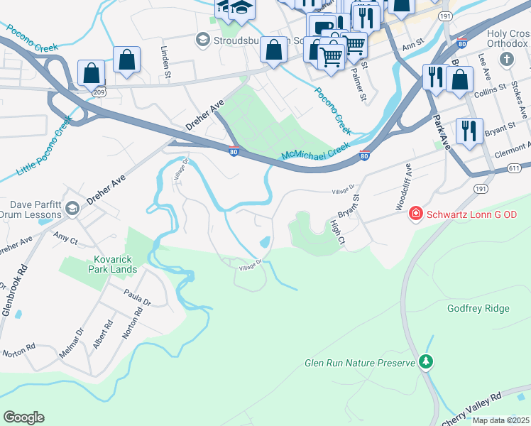 map of restaurants, bars, coffee shops, grocery stores, and more near 3 Village Drive in Stroudsburg