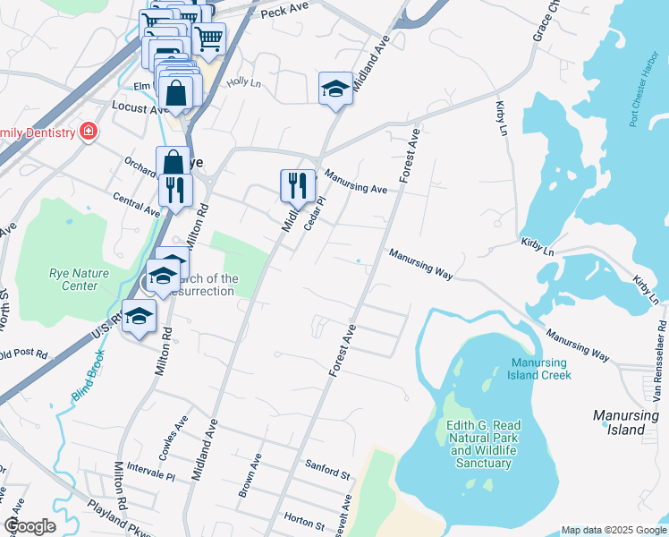 map of restaurants, bars, coffee shops, grocery stores, and more near 37 Gramercy Avenue in Rye