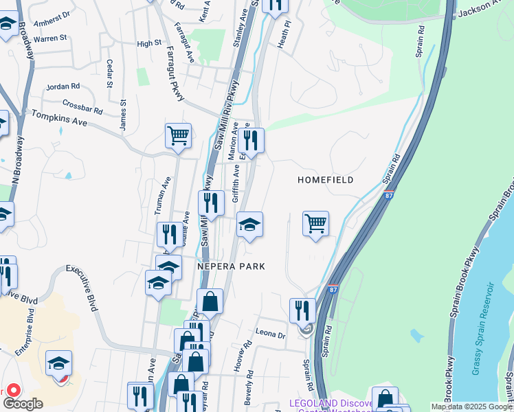 map of restaurants, bars, coffee shops, grocery stores, and more near 1212 Saw Mill River Road in Yonkers