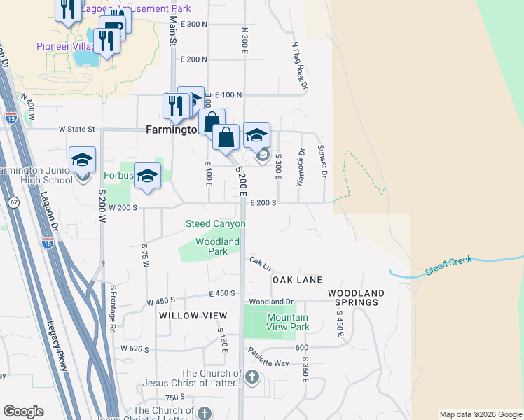 map of restaurants, bars, coffee shops, grocery stores, and more near 278 East 200 South in Farmington