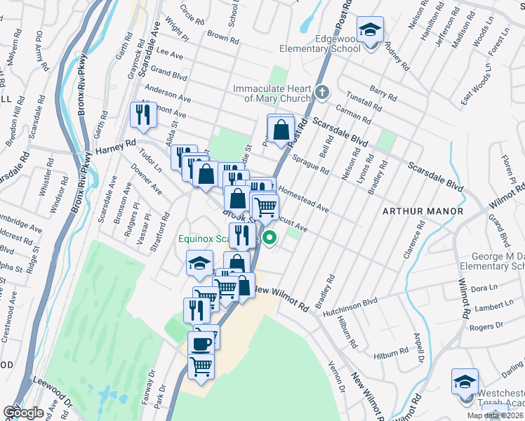 map of restaurants, bars, coffee shops, grocery stores, and more near 831 Post Road in Scarsdale