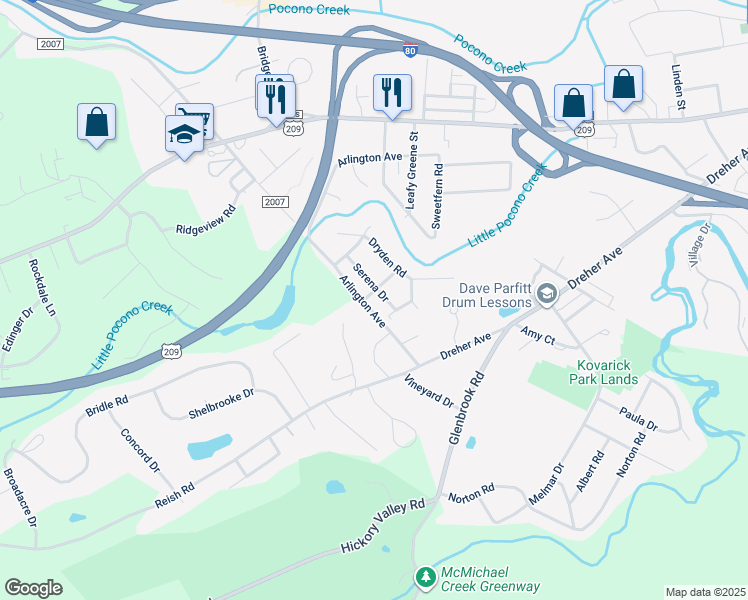 map of restaurants, bars, coffee shops, grocery stores, and more near 104 Arlen Road in Stroudsburg