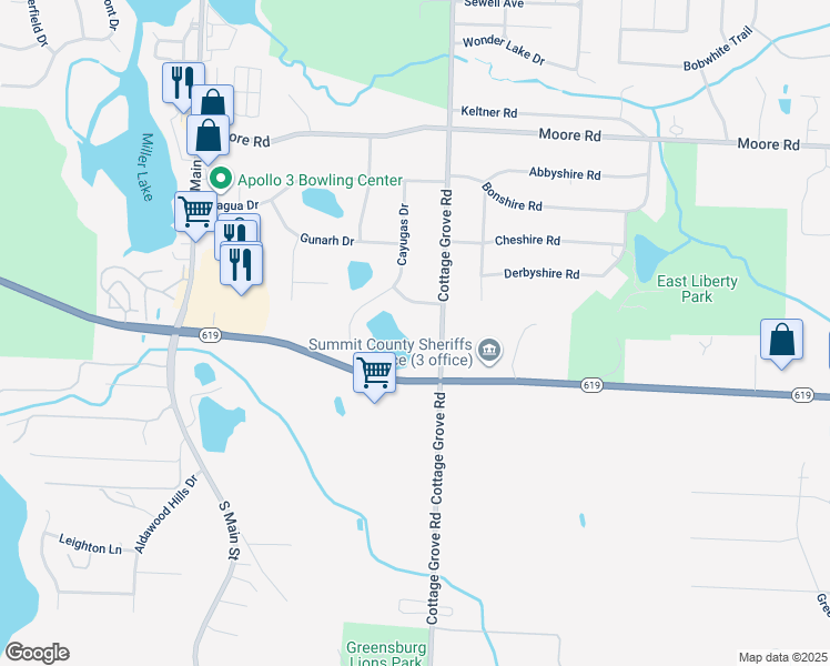 map of restaurants, bars, coffee shops, grocery stores, and more near 3864 Cottage Grove Road in Akron