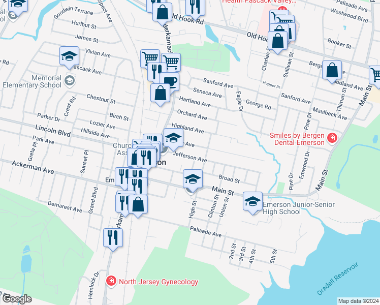 map of restaurants, bars, coffee shops, grocery stores, and more near 64 Jefferson Avenue in Emerson