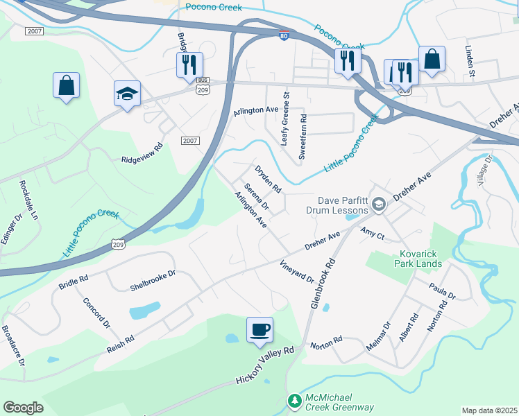 map of restaurants, bars, coffee shops, grocery stores, and more near 104 Arlen Road in Stroudsburg