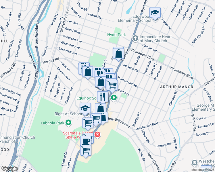 map of restaurants, bars, coffee shops, grocery stores, and more near 831 Post Road in Scarsdale